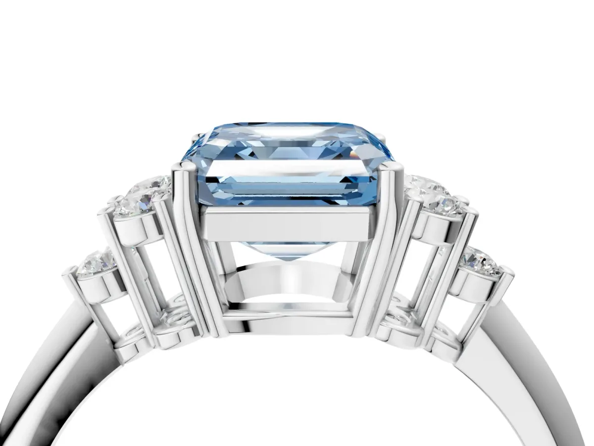 Fancy Blue Asscher Cut Cut Diamond Cluster Ring with Solitaire Band and Four-Prong Setting Platinum