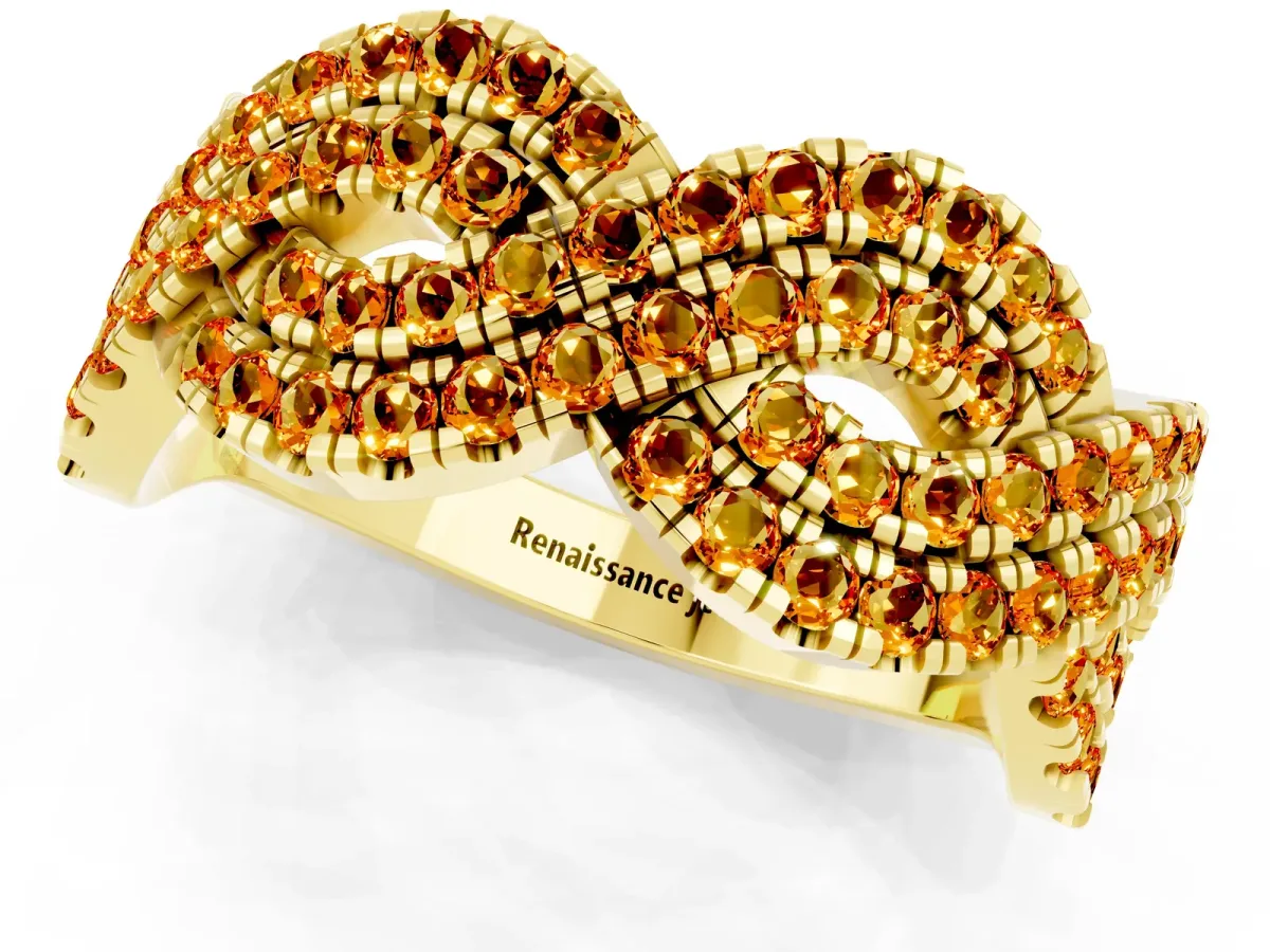 Pavé Round Citrine Infinity Twist Band with Shared Prong Setting Yellow gold