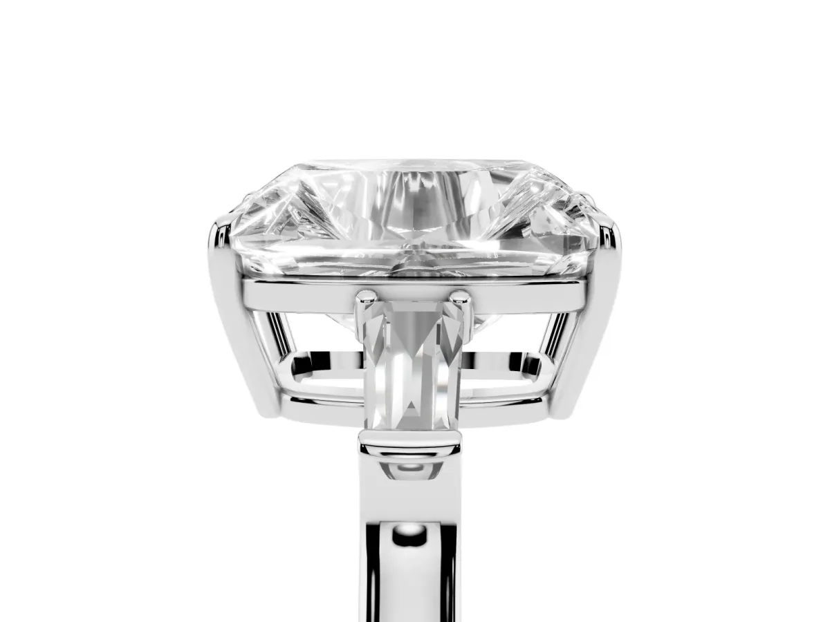 Old Mine Elongated Cushion Diamond with Side Tapered Baguette Three Stone Ring Silver