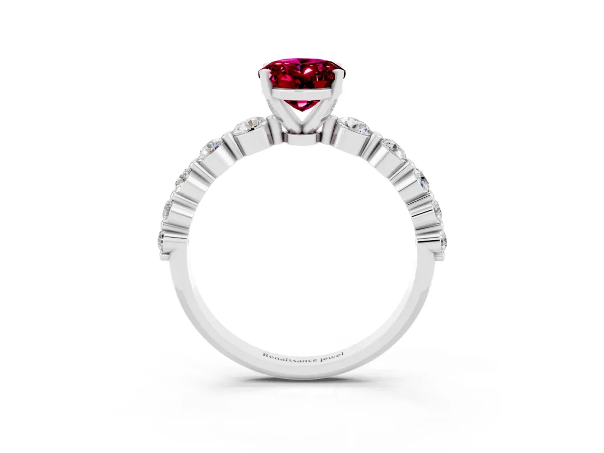 Oval Cut Solitaire Garnet Ring with Pave Band and Four-Prong Setting Platinum
