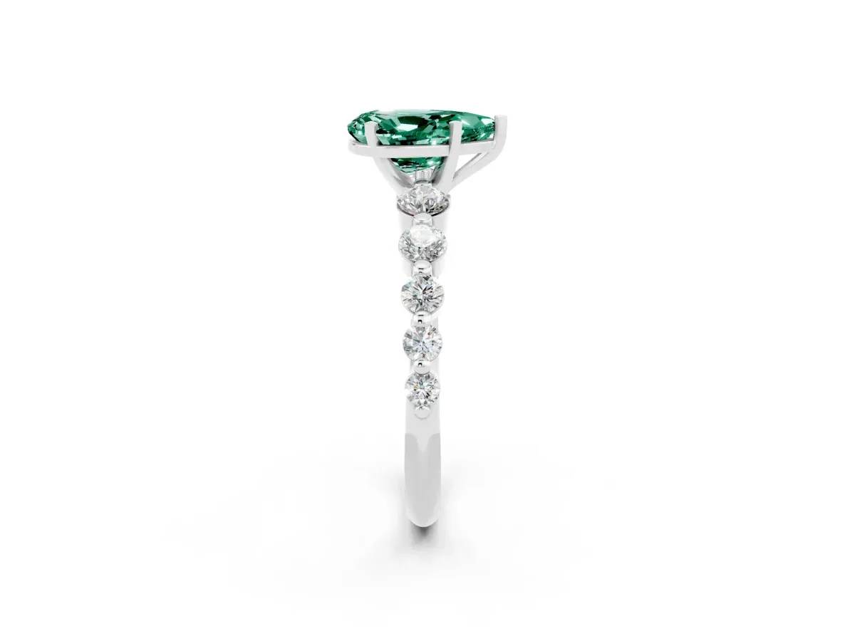 Pear Cut Solitaire Green Sapphire Ring with Pave Band and Four-Prong Setting Silver
