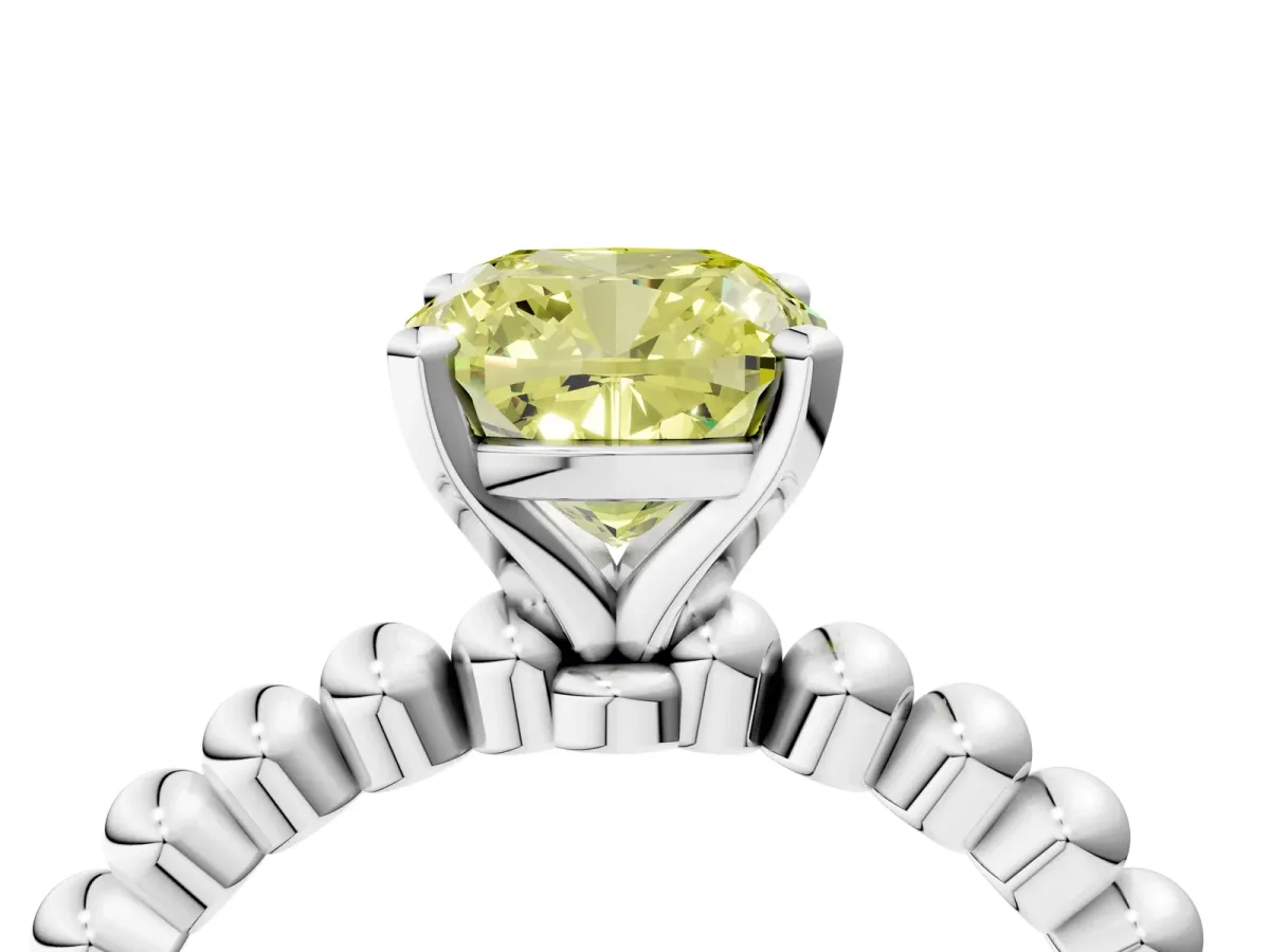 Fancy Yellow Cushion Cut Diamond Solitaire Ring with Beaded Band and Prong Setting Platinum