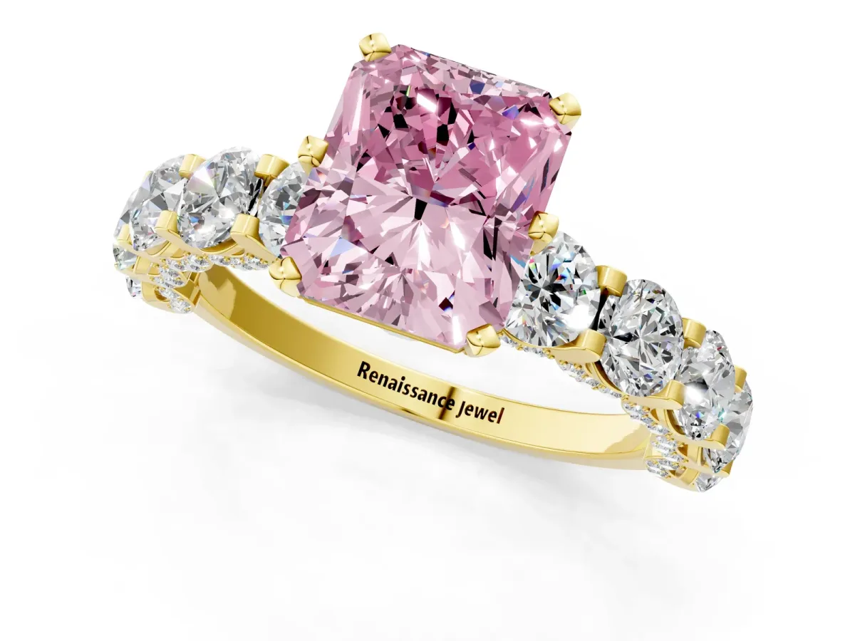 Fancy Pink Radiant Cut Diamond Side Stone Engagement Ring with Four-Prong Setting Yellow gold