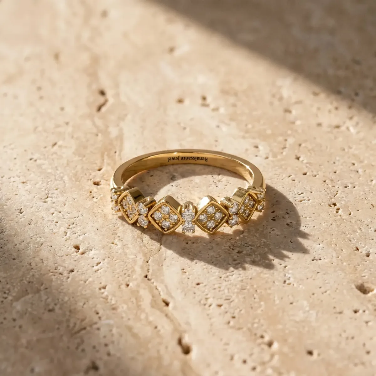 Pavé Cushion Diamond Cluster Eternity Band with Prong Setting Yellow gold