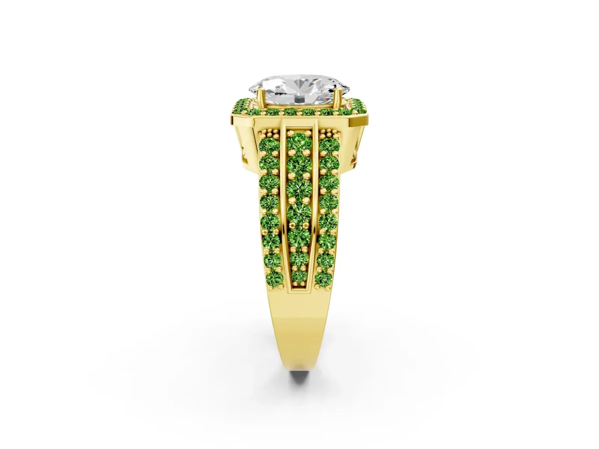 Oval Cut Halo Diamond Ring with Round Peridot Split Shank and Prong Setting Yellow gold