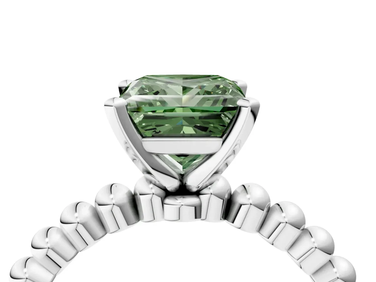 Fancy Green Princess Cut Diamond Solitaire Ring with Beaded Band and Prong Setting Silver