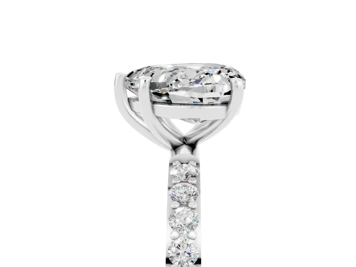 Heart Cut Moissanite Solitaire Ring with Round Pavé Band and Prong Setting Silver