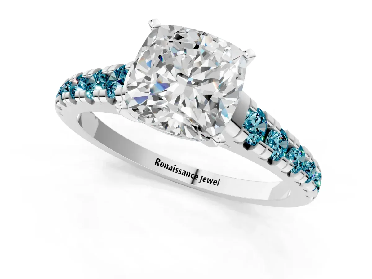 Cushion Cut Diamond Cathedral Solitaire Ring with Round Blue Topaz Pavé Band Silver