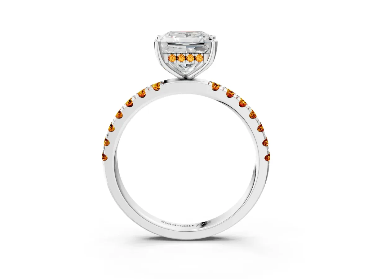 Princess Cut Diamond Pave Band Solitaire Ring with Round Citrine and Prong Setting Platinum