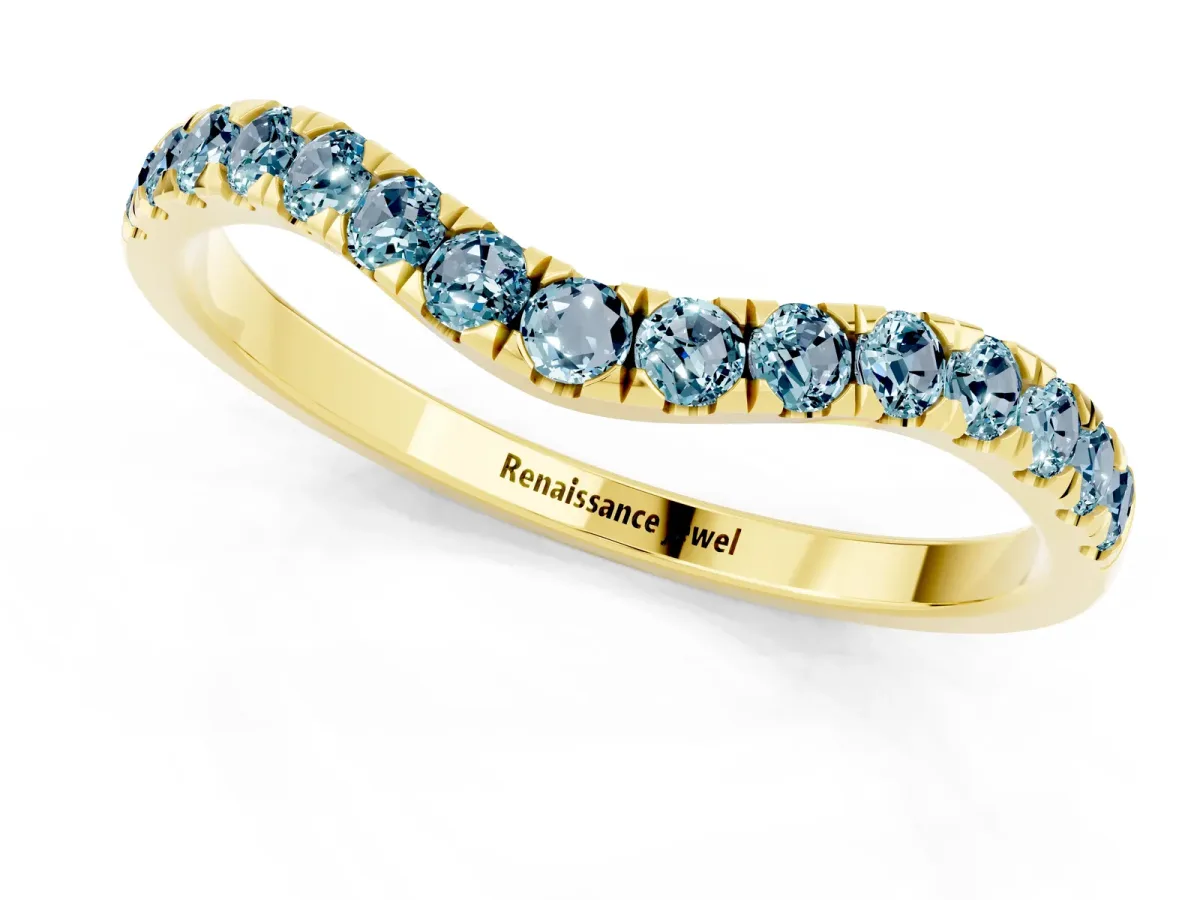 Curved Pavé Round Aquamarine Wedding Band with Shared Prong Setting Yellow gold