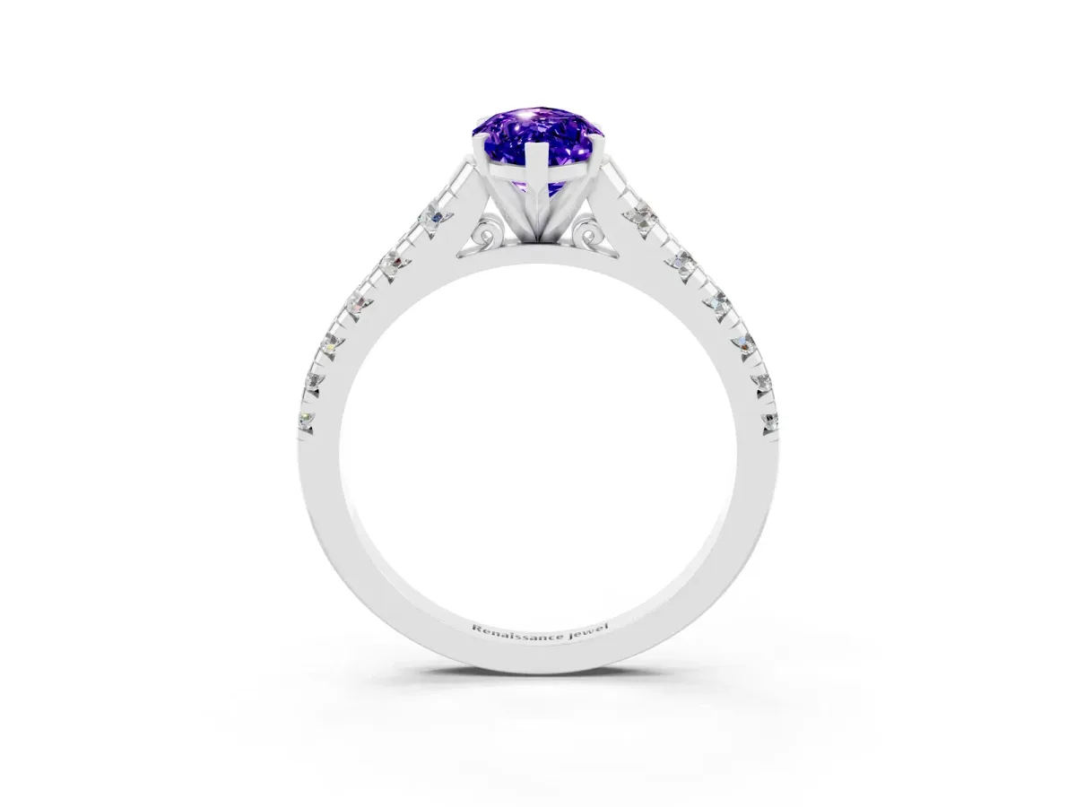 Marquise Cut Tanzanite Cathedral Solitaire Ring with Round Pavé Band Silver