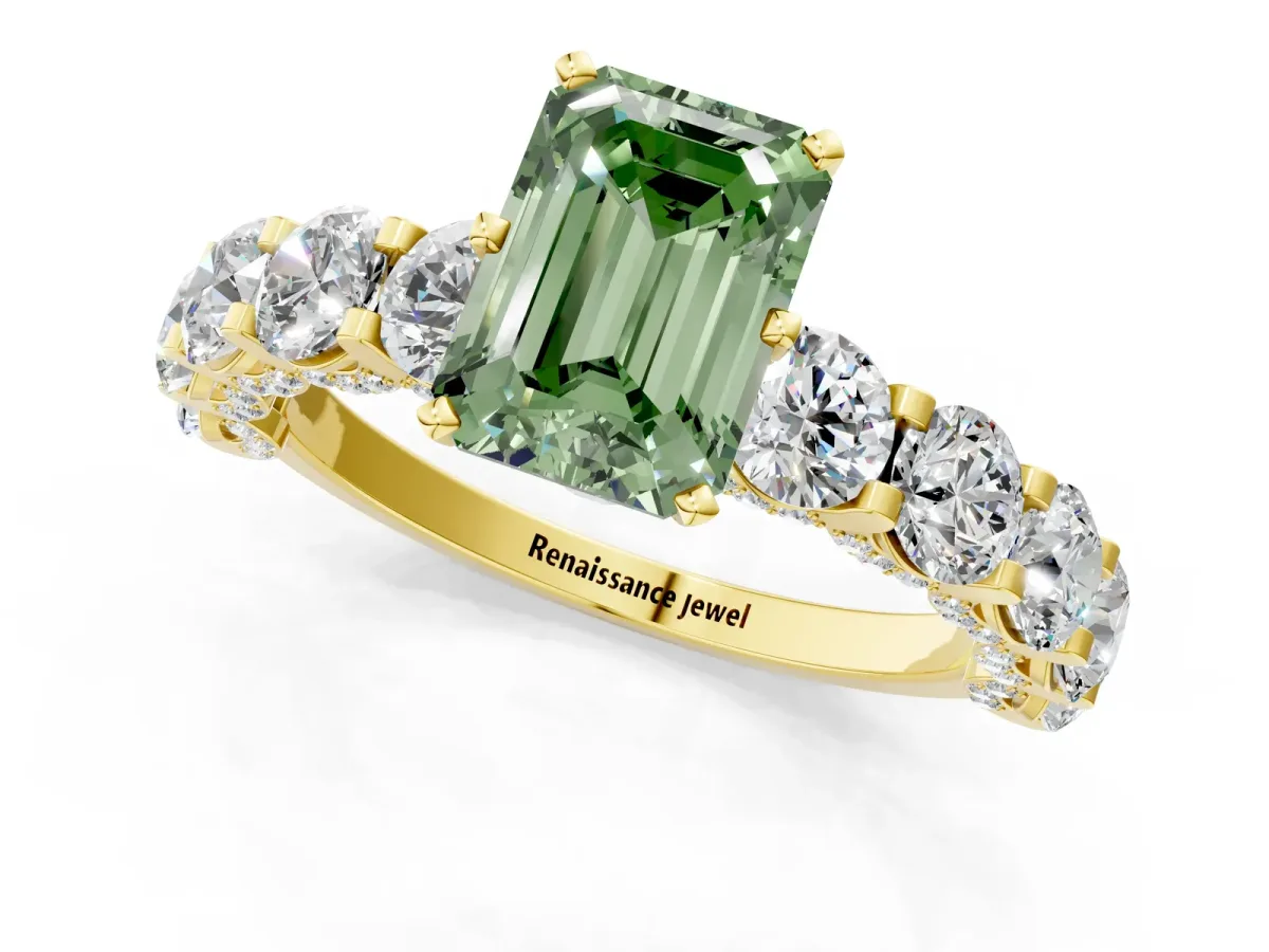 Fancy Green Emerald Cut Diamond Side Stone Engagement Ring with Four-Prong Setting Yellow gold
