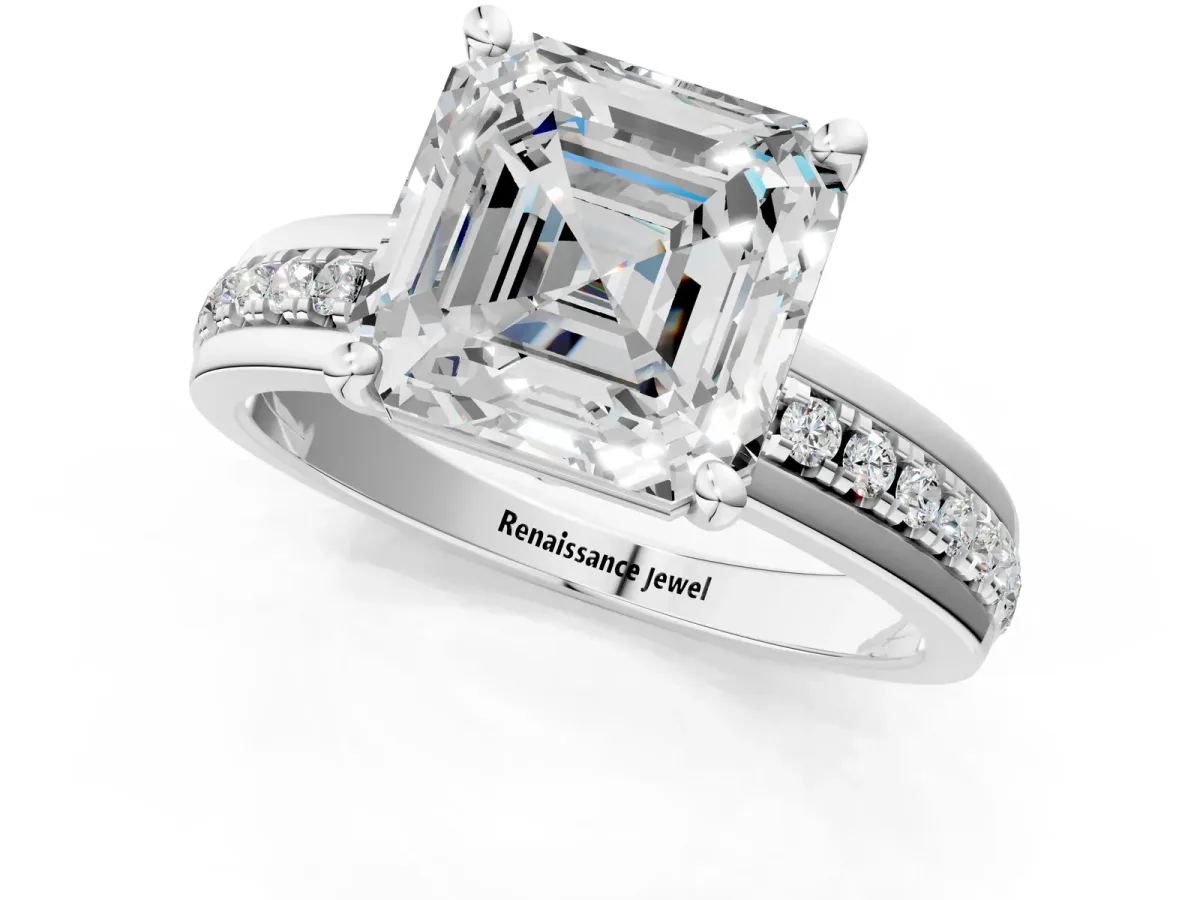 Asscher Cut Solitaire Diamond Ring with Channel Set Band and Six-Prong Setting Platinum
