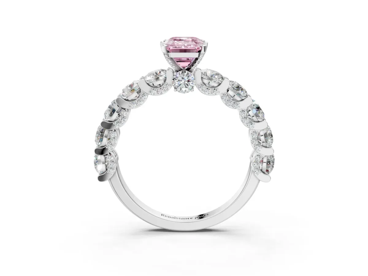 Fancy Pink Emerald Cut Diamond Side Stone Engagement Ring with Four-Prong Setting White gold