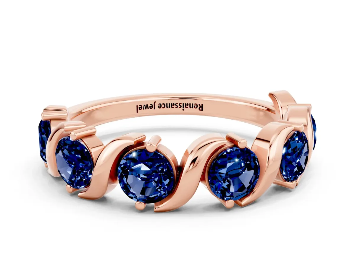 Six-Stone Round Blue Sapphire Wave Band with Shared Prong Setting Rose gold
