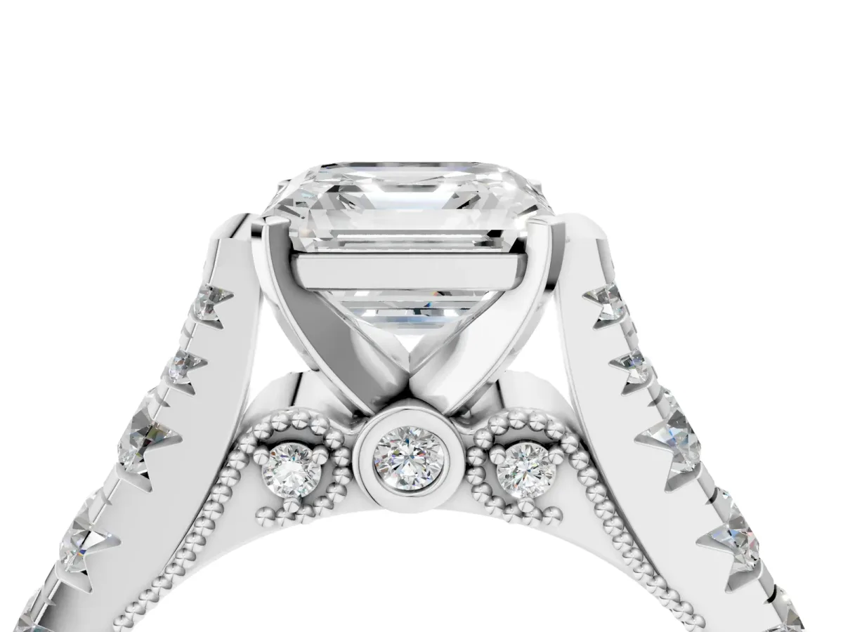 Asscher Cut Diamond Classic Solitaire Ring with Pavé Band and Four-Prong Setting Platinum