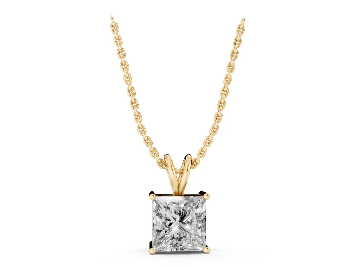 Princess Diamond Solitaire Pendant with Four Prong Setting Yellow gold