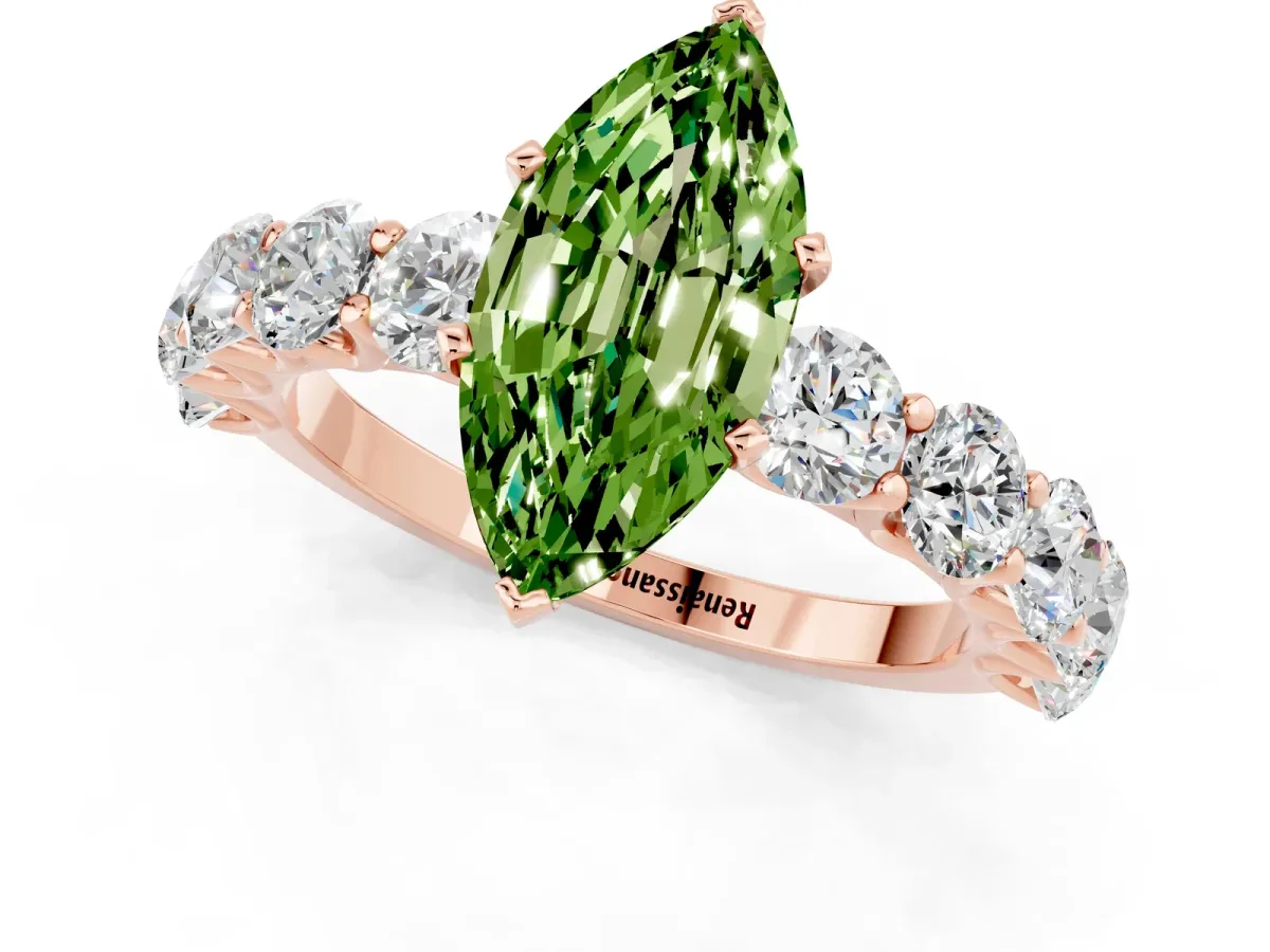 Marquise Cut Peridot Prong Setting with Side Stones on a Pave Band Rose gold