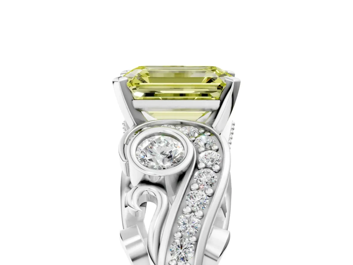 Fancy Yellow Emerald Cut Diamond Solitaire Ring with Milgrain Pavé Band and Four-Prong Setting Silver
