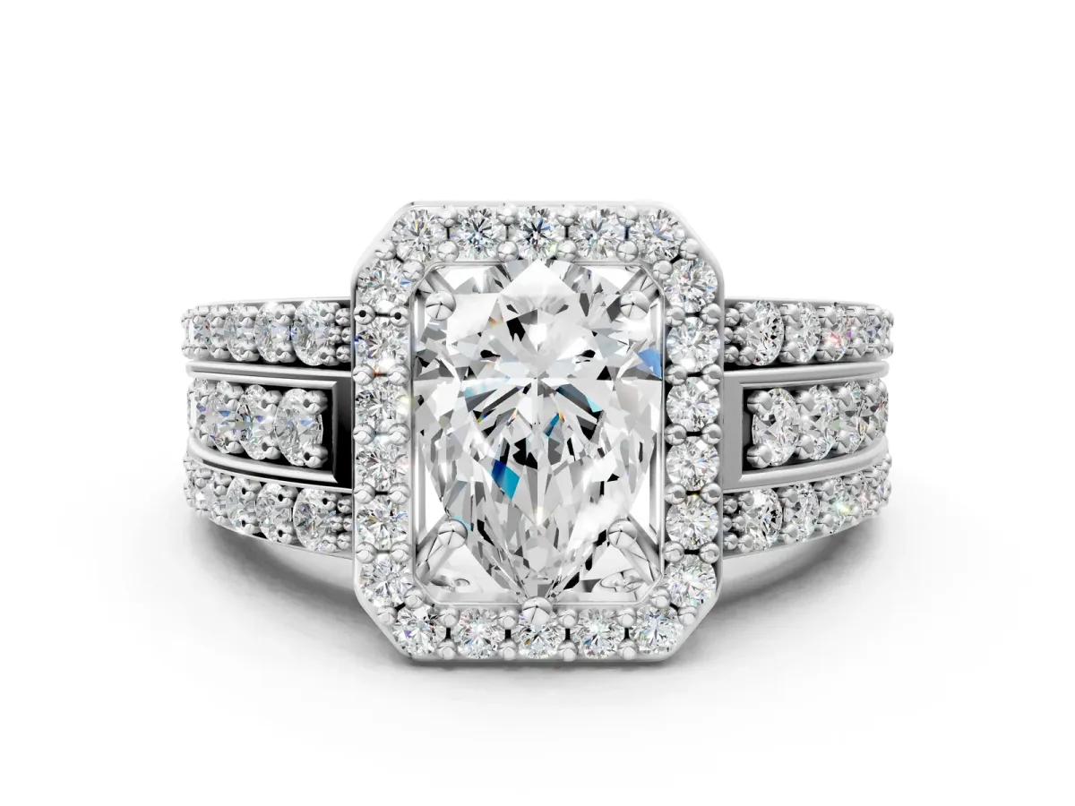 Pear Cut Halo Diamond Ring with Round Moissanite Split Shank and Prong Setting Silver