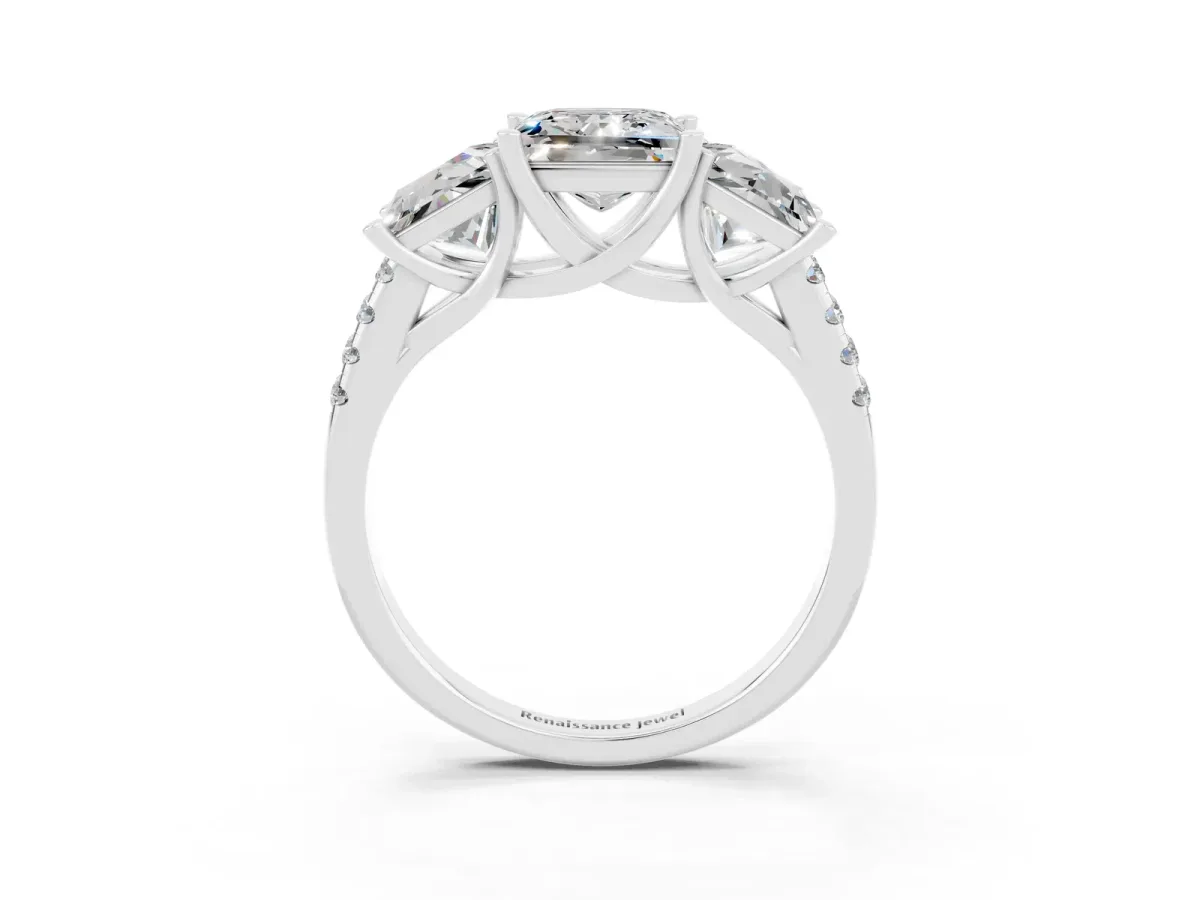 Three-Stone Princess Cut Moissanite Ring with Round Pavé Band and Prong Setting Silver