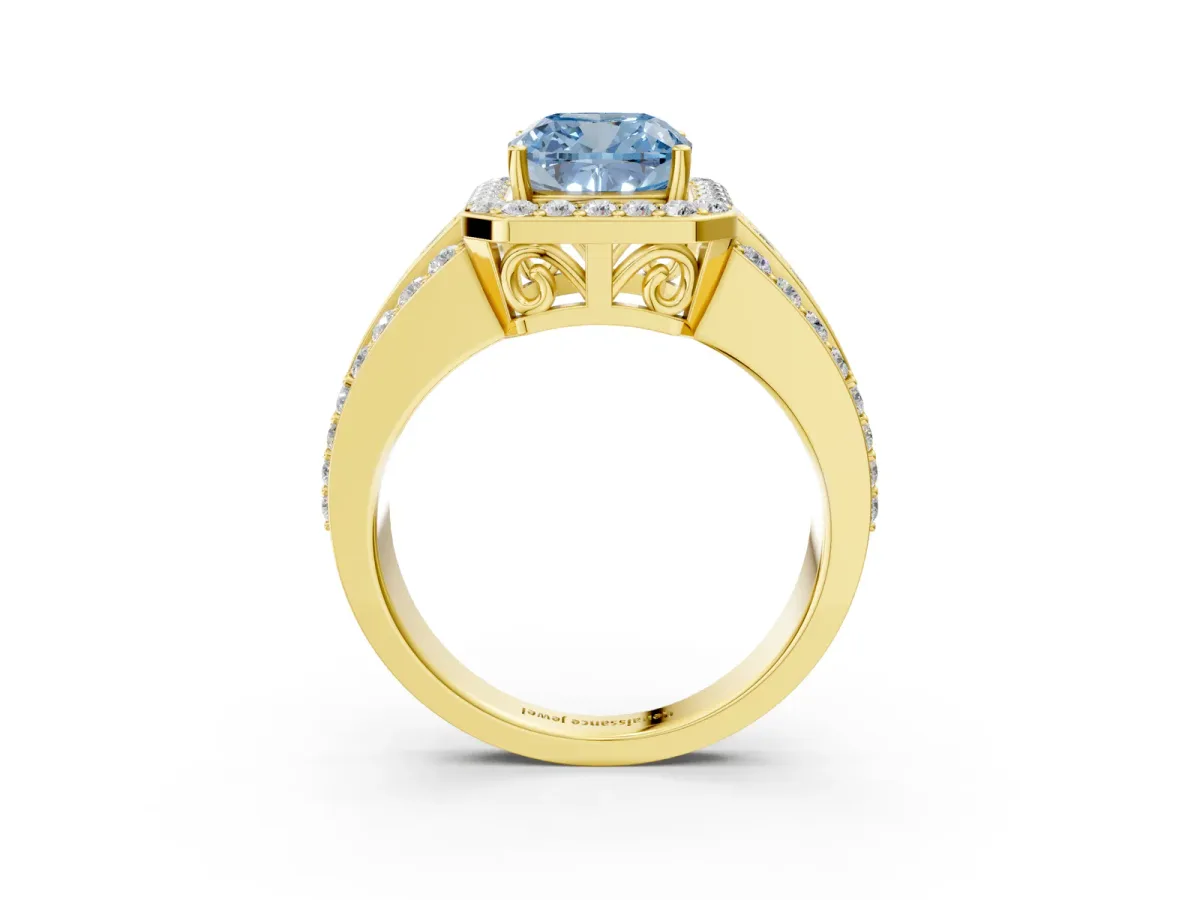 Fancy Blue Cushion Cut Halo Diamond Ring with Round Split Shank and Prong Setting Yellow gold