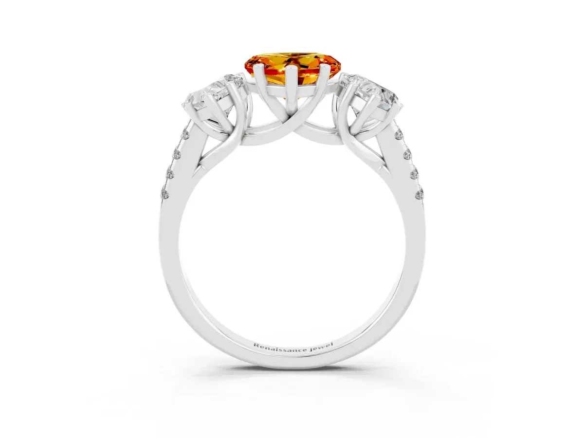 Three-Stone Heart Cut Citrine Ring with Round Pavé Band and Prong Setting Silver