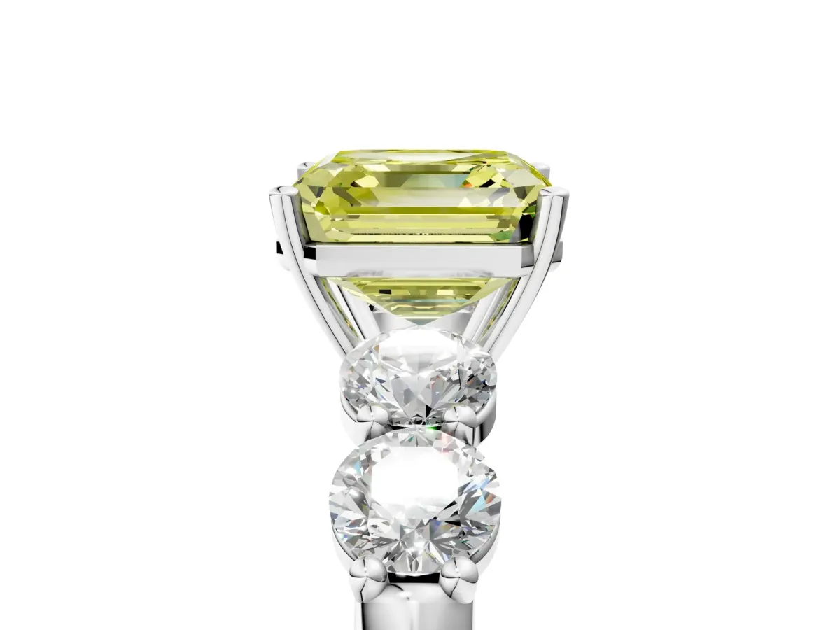 Fancy Yellow Asscher Cut Cut Five-Stone Prong Set Diamond Ring with Classic Band Platinum