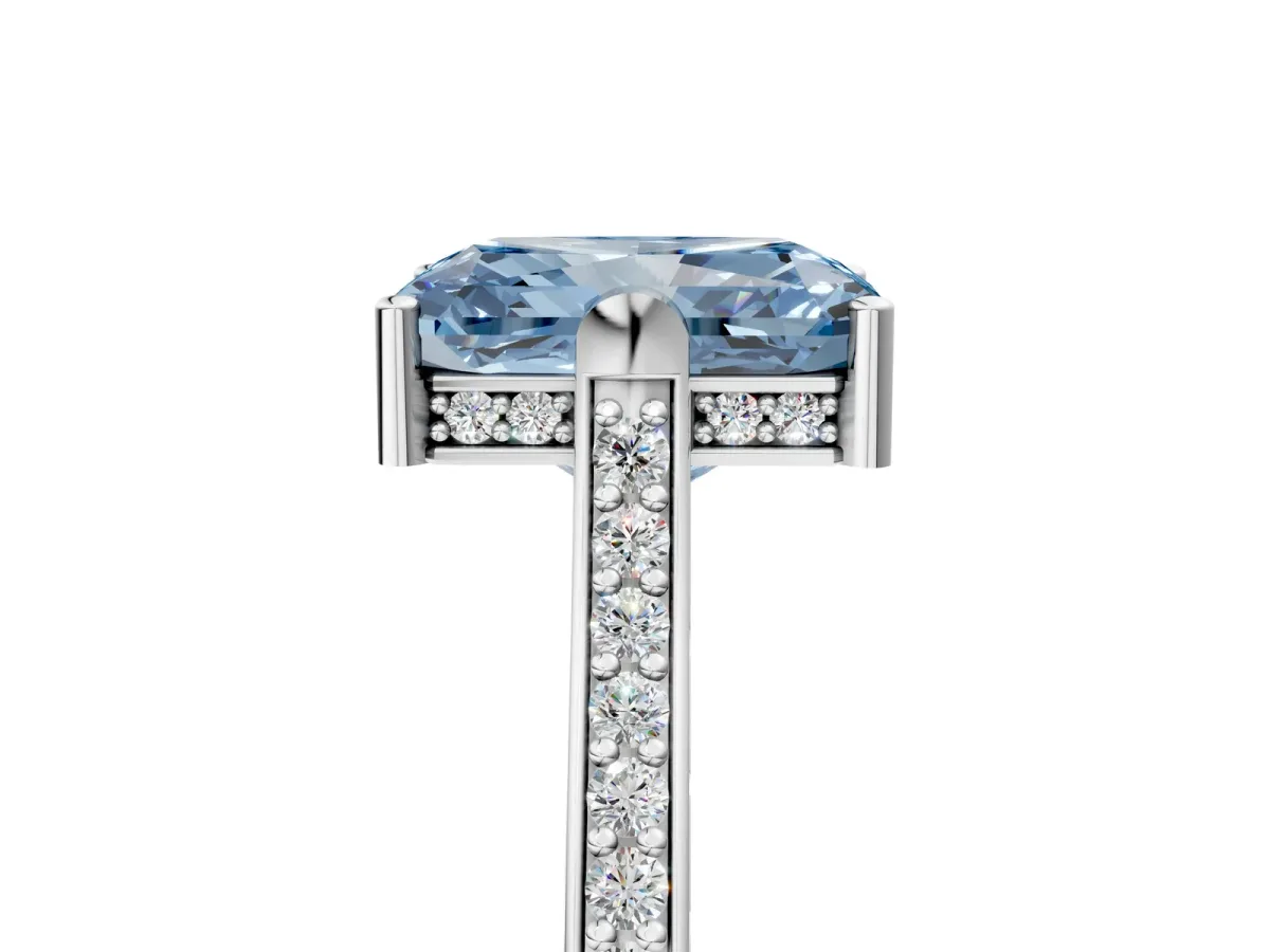 Fancy Blue Radiant Cut Solitaire Diamond Ring with Channel Set Band and Bezel Prong Setting Platinum
