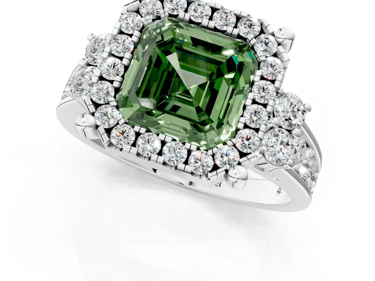 Fancy Green Asscher Cut Halo Diamond Engagement Ring with Split Shank and Four-Prong Setting Platinum