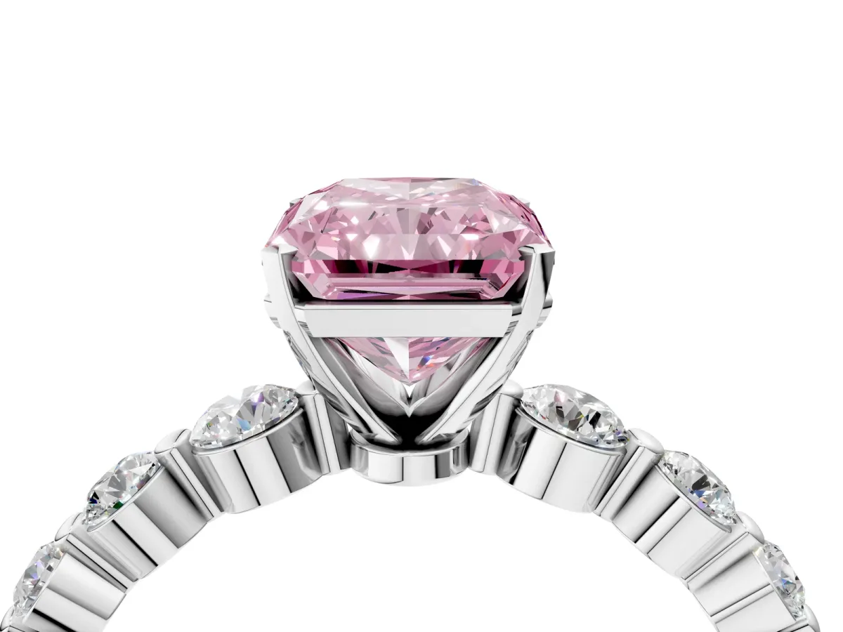 Fancy Pink Radiant Cut Solitaire Diamond Ring with Pave Band and Four-Prong Setting Silver