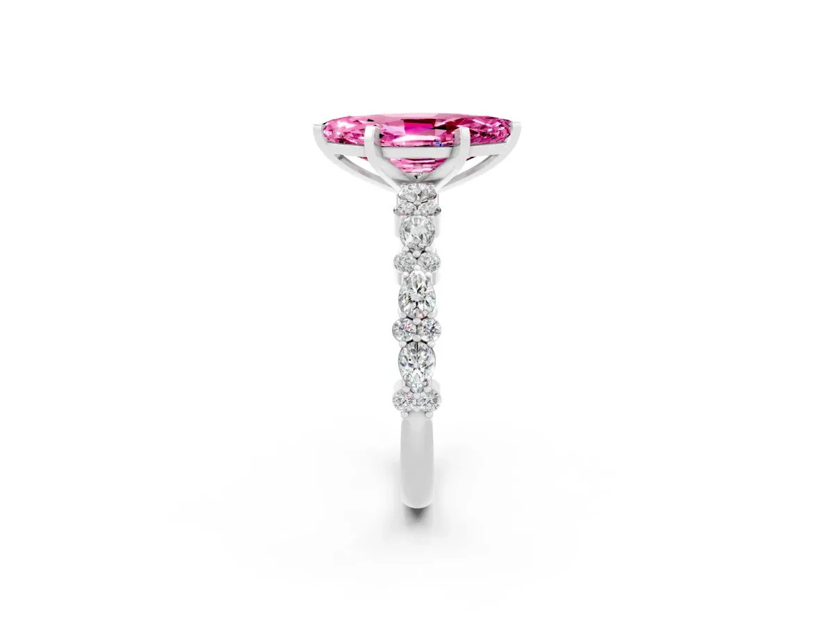 Marquise Cut Pink Sapphire Side Stone Solitaire Ring with Round and Four-Prong Setting Platinum