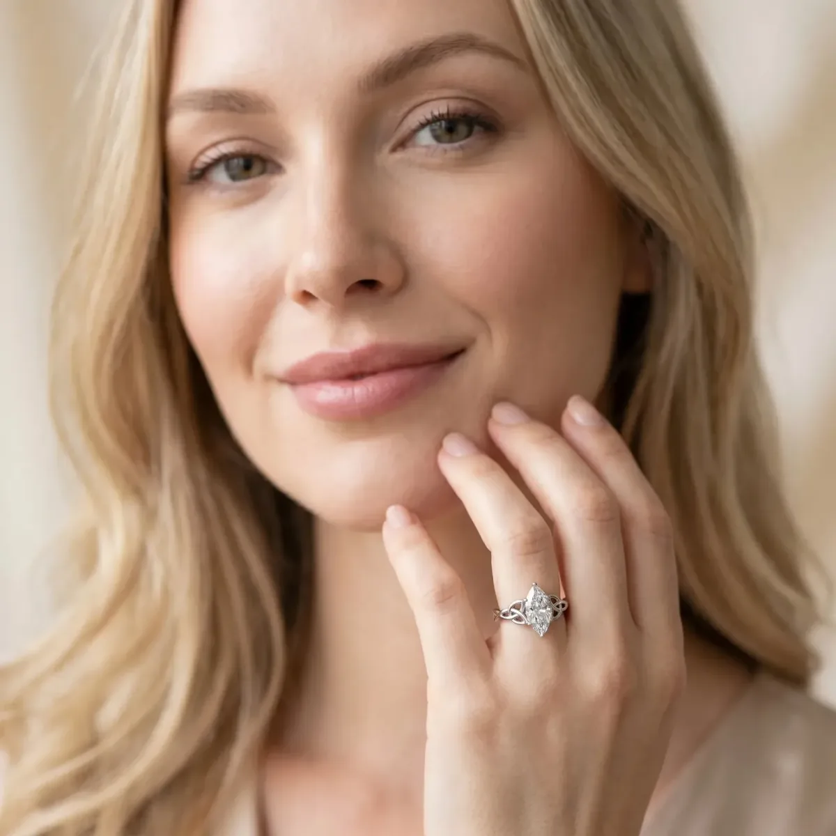Marquise Cut Diamond Solitaire Engagement Ring with Celtic Knot Band and Four-Prong Setting Silver