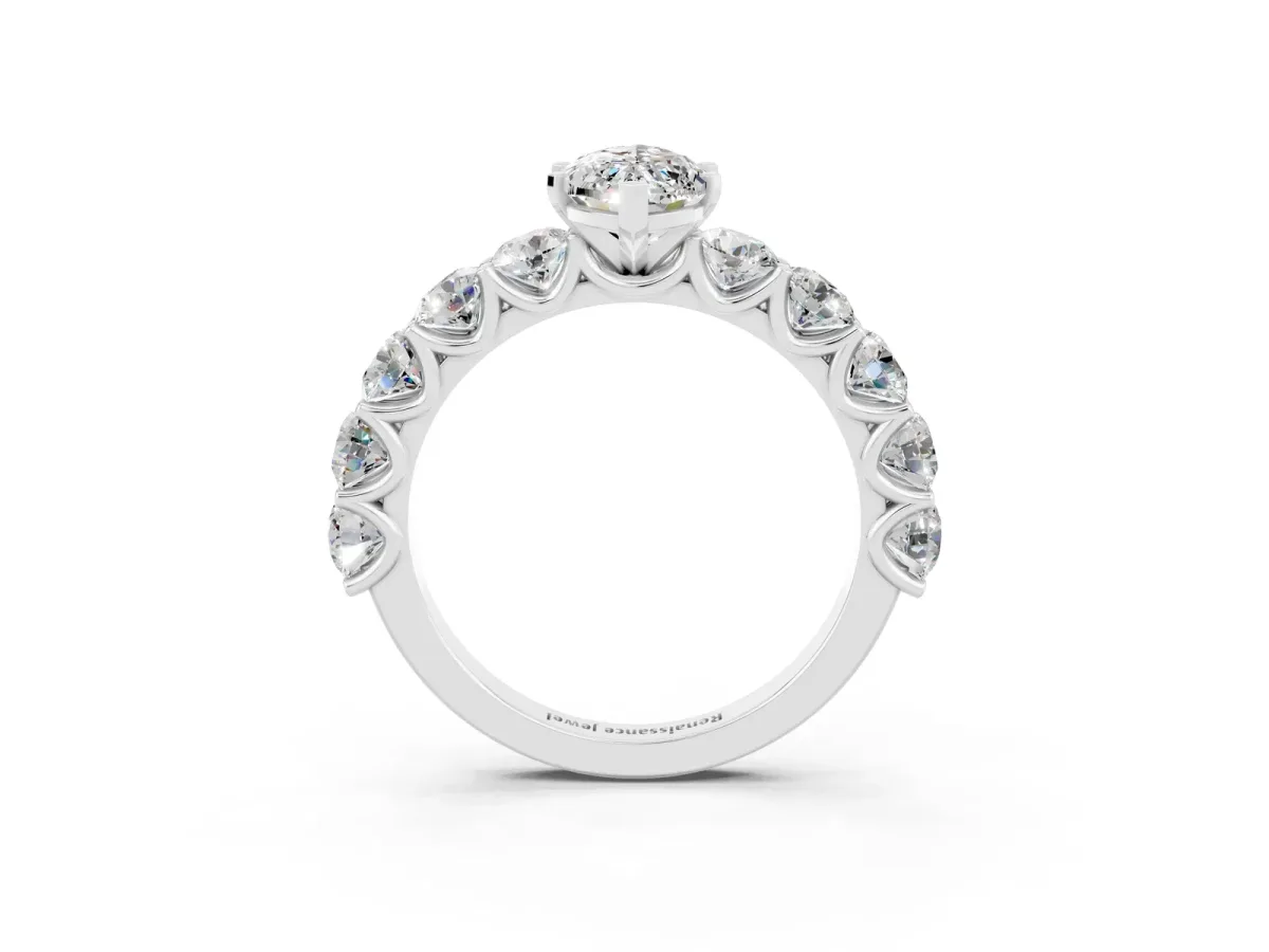 Marquise Cut Moissanite Prong Setting with Side Stones on a Pave Band Silver