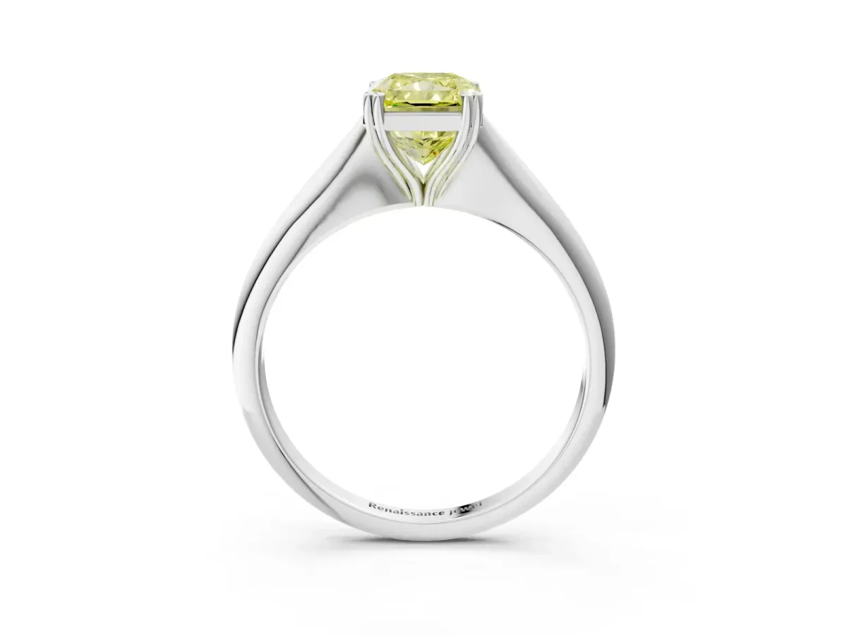 Fancy Yellow Radiant Cut Solitaire Diamond Ring with Six-Prong Setting and Classic Band Platinum