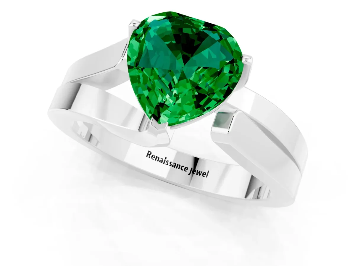 Modern Tension Set Heart Cut Emerald Solitaire Wide Band Ring Platinum