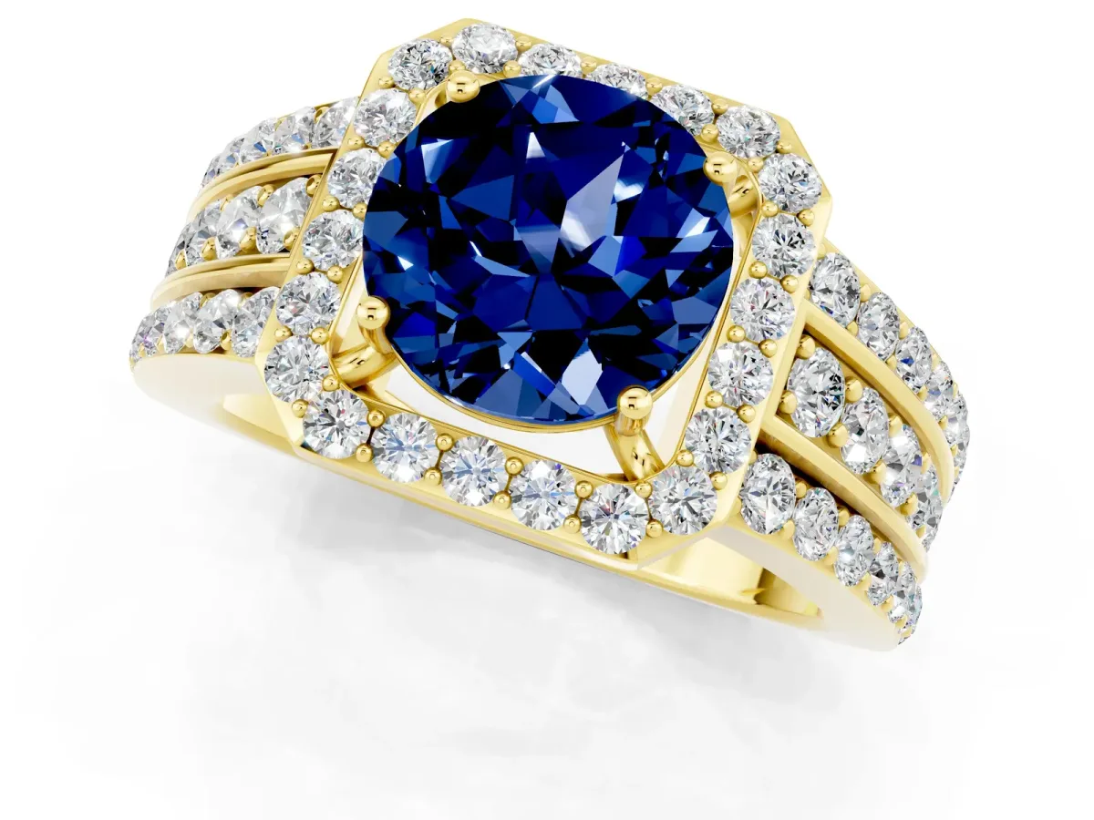 Round Cut Halo Blue Sapphire Ring with Round Split Shank and Prong Setting Yellow gold