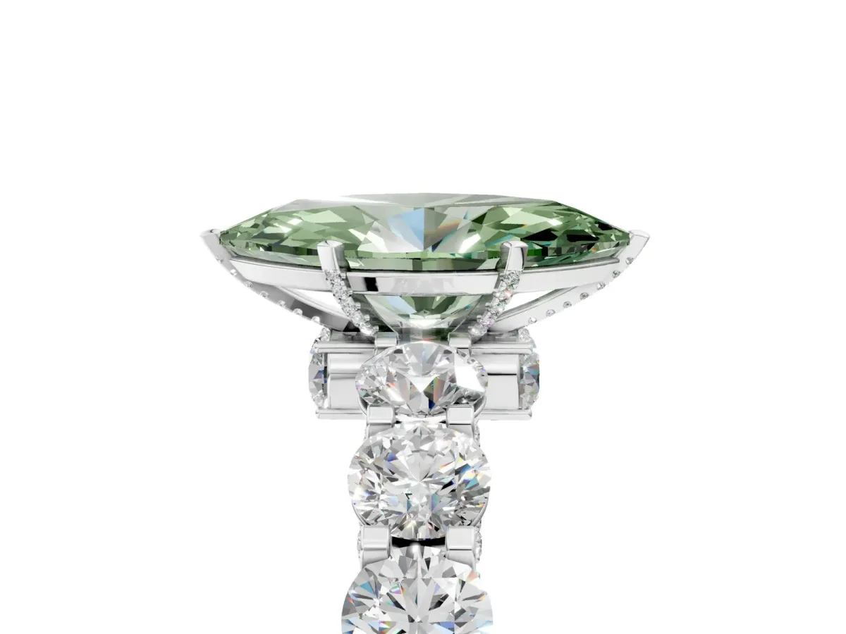 Fancy Green Marquise Cut Diamond Side Stone Engagement Ring with Four-Prong Setting White gold