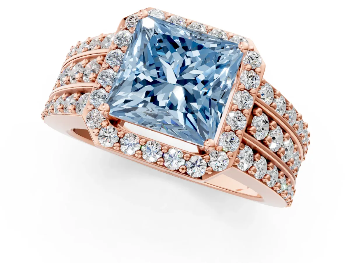 Fancy Blue Princess Cut Halo Diamond Ring with Round Split Shank and Prong Setting Rose gold