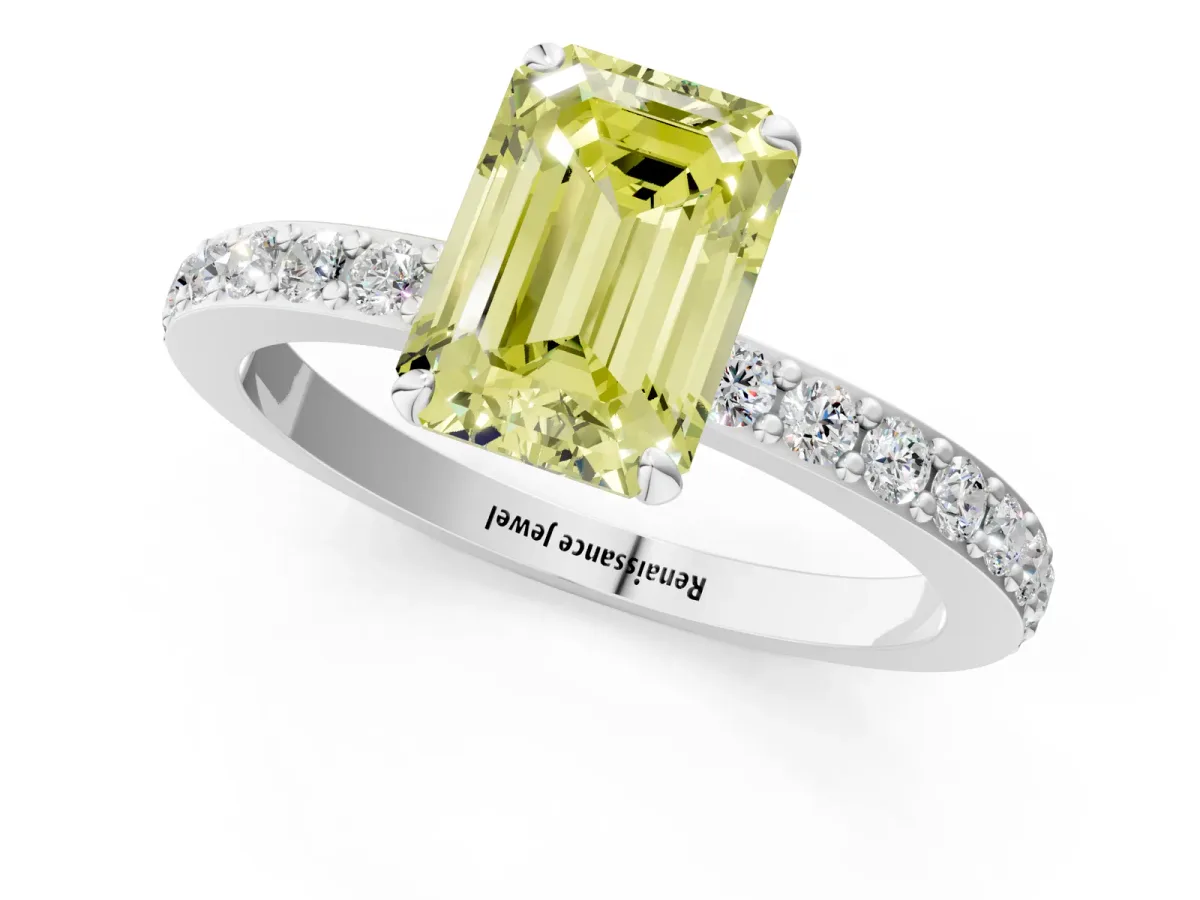 Fancy Yellow Emerald Cut Diamond Solitaire Engagement Ring with Pavé Band and Four-Prong Setting Silver