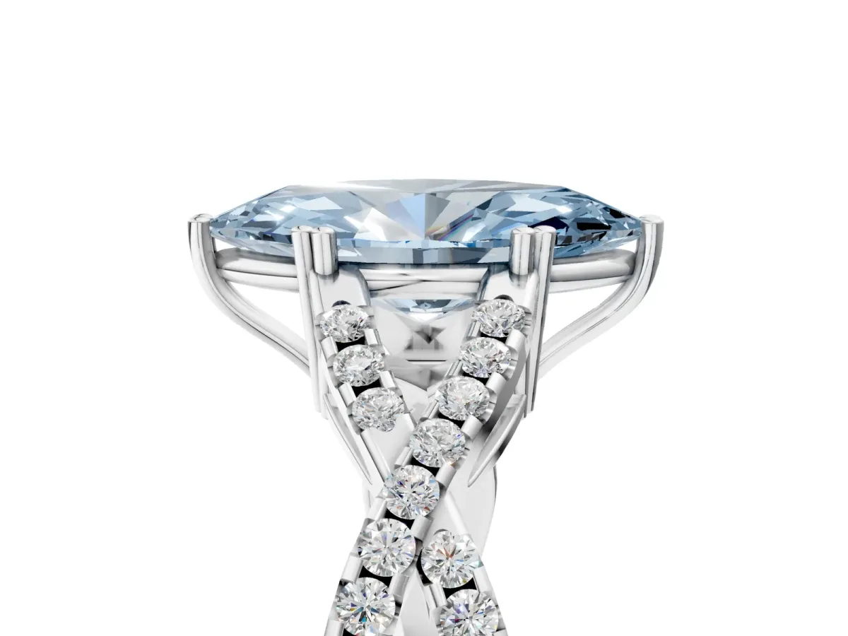 Fancy Blue Marquise Cut Diamond Solitaire Ring with Four-Prong Setting and Twisted Pavé Band Silver