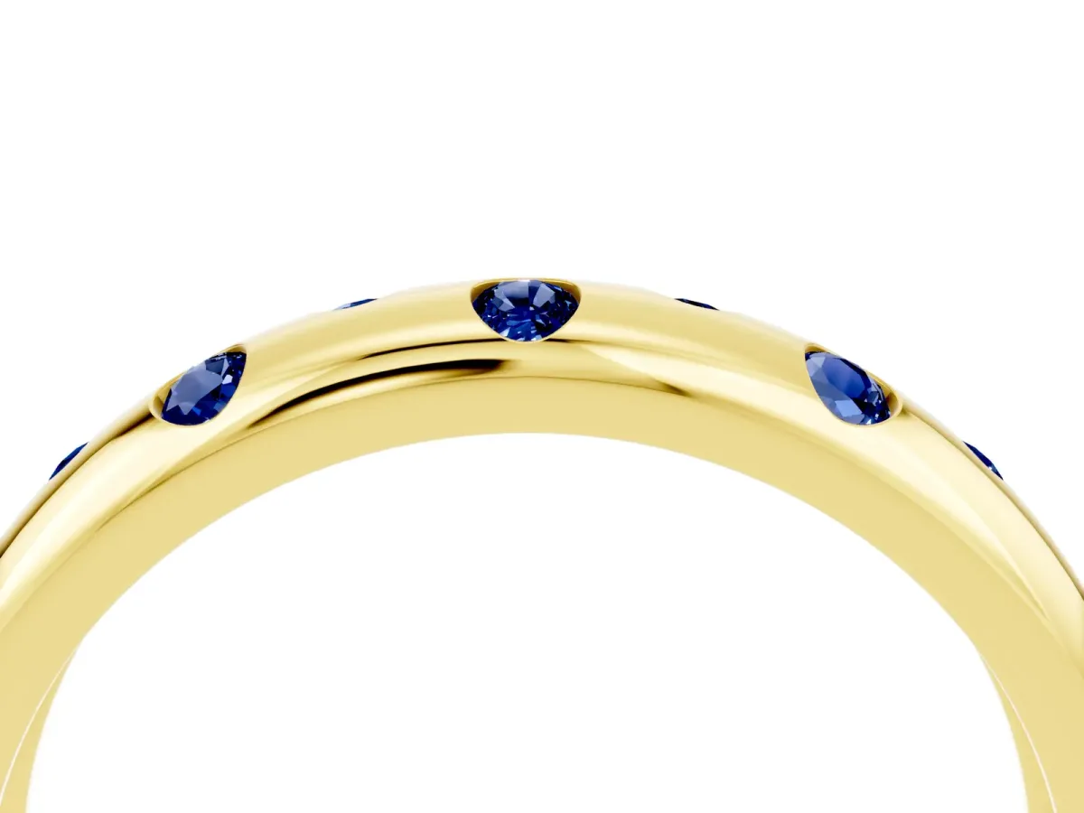 Round Blue Sapphire Flush-Set Comfort Fit Band Yellow gold