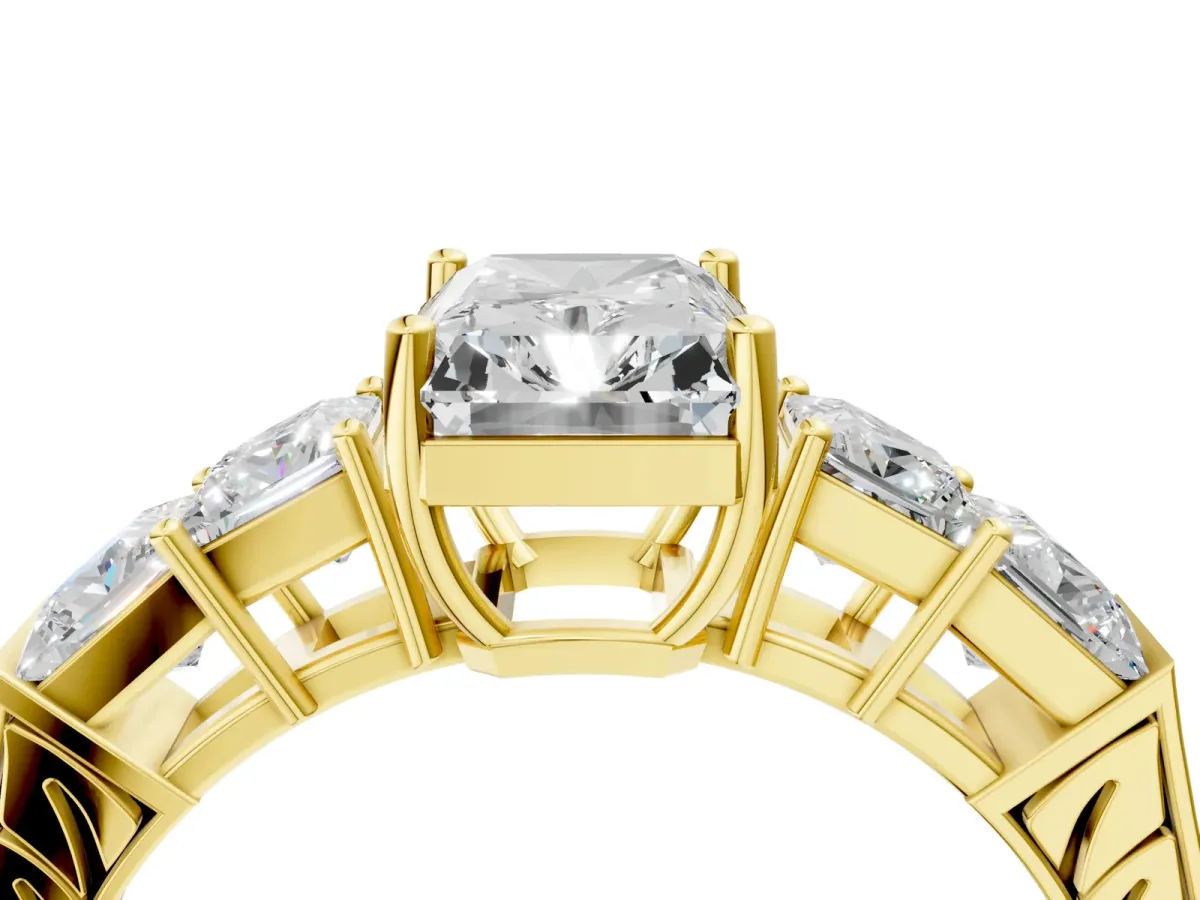 Radiant Cut Solitaire Princess Side Stone Engraved Band Prong Setting Ring Yellow gold