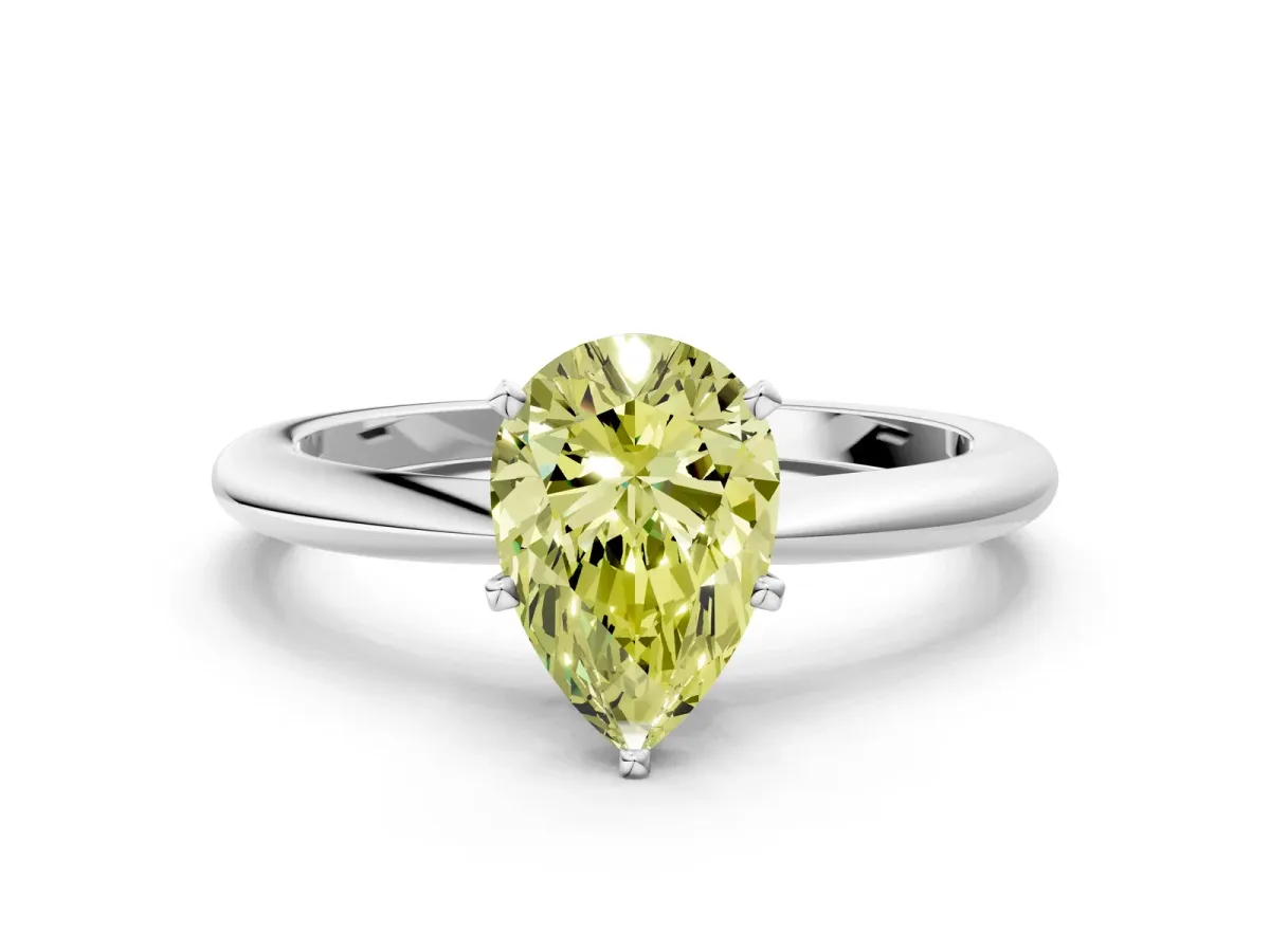 Fancy Yellow Pear Cut Diamond Solitaire Ring with Six-Prong Setting and Classic Band Platinum