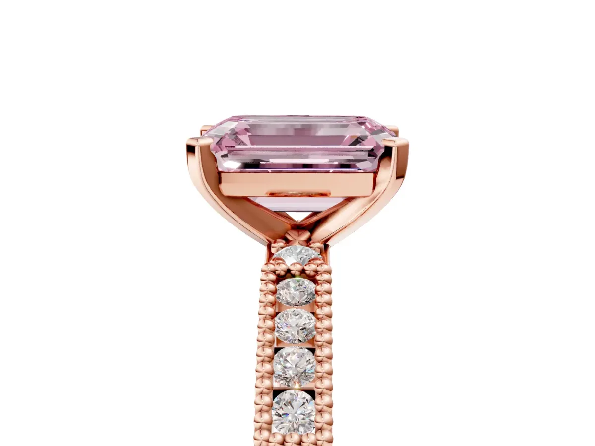 Fancy Pink Emerald Cut Solitaire with Pavé Band and Four-Prong Setting Rose gold