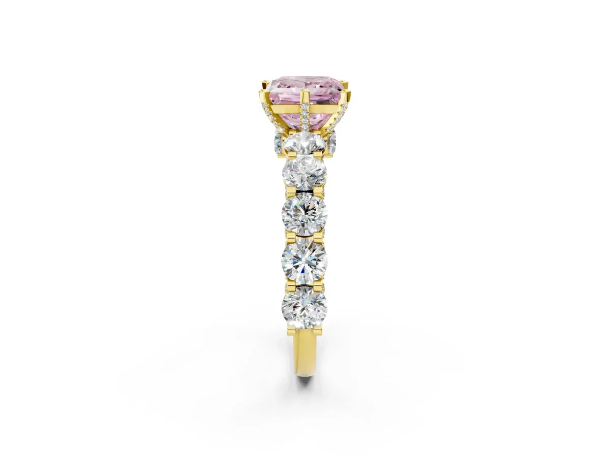 Fancy Pink Princess Cut Diamond Side Stone Engagement Ring with Four-Prong Setting Yellow gold