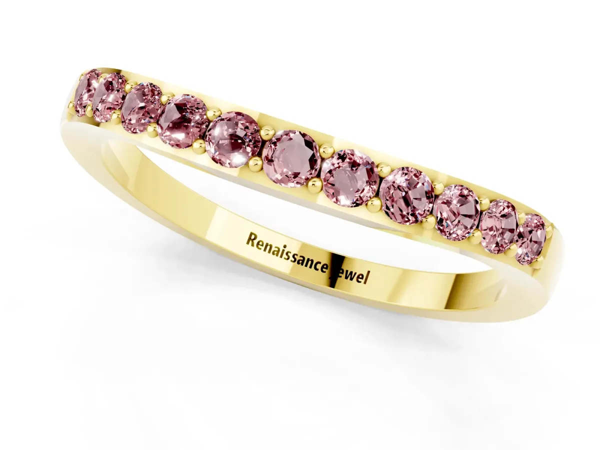 Round Morganite Curved Wedding Band with Channel Setting Yellow gold