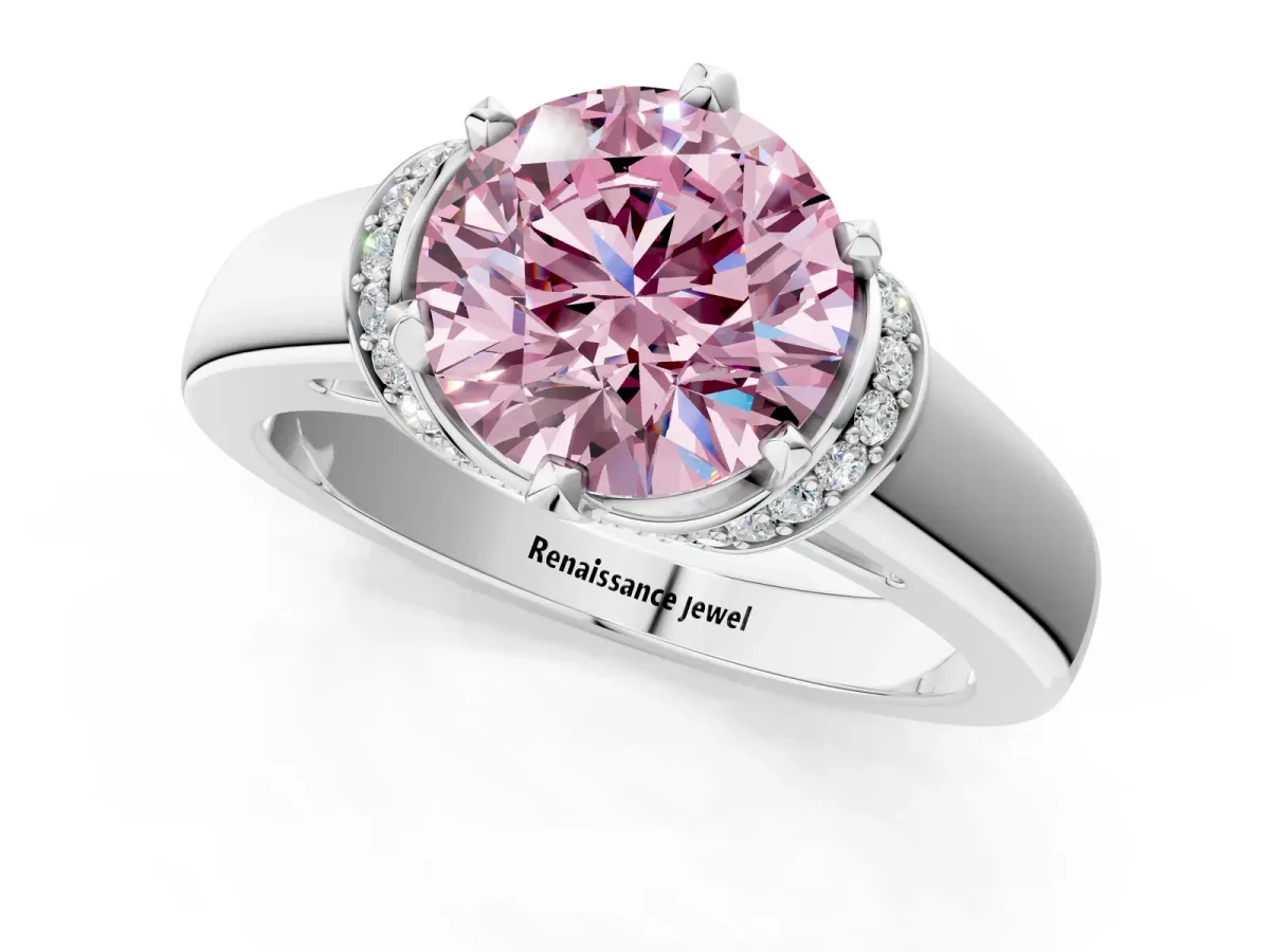 Fancy Pink Round Cut Solitaire Diamond Ring with Pave Band and Six-Prong Setting Silver