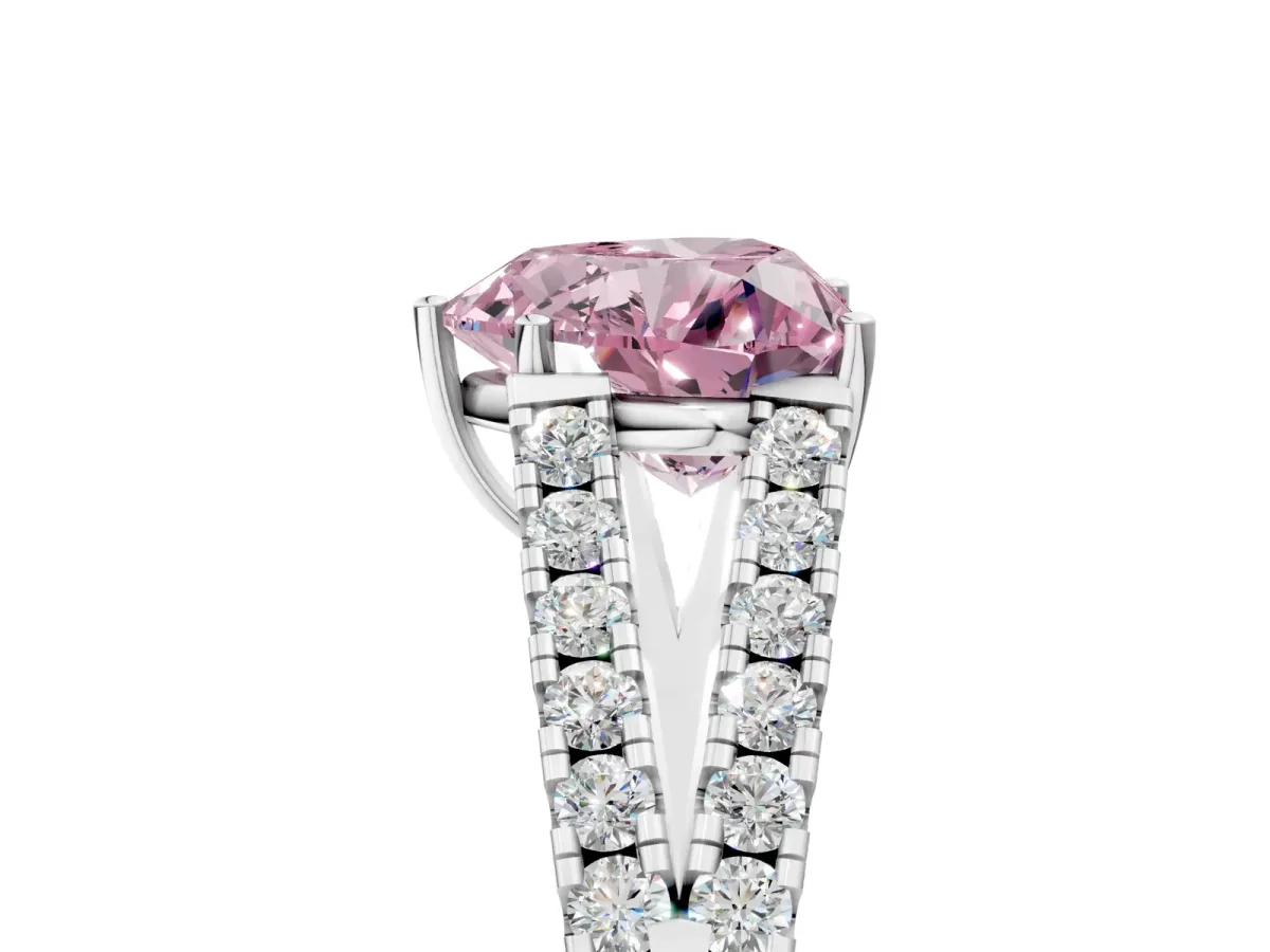 Fancy Pink Heart Cut Diamond Split Shank Pavé Engagement Ring with Four-Prong Setting White gold