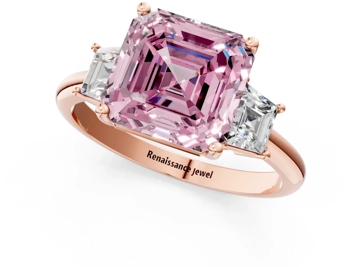 Fancy Pink Asscher Cut Diamond Three-Stone Ring with Trapezoid Side Stones and Prong Setting Rose gold